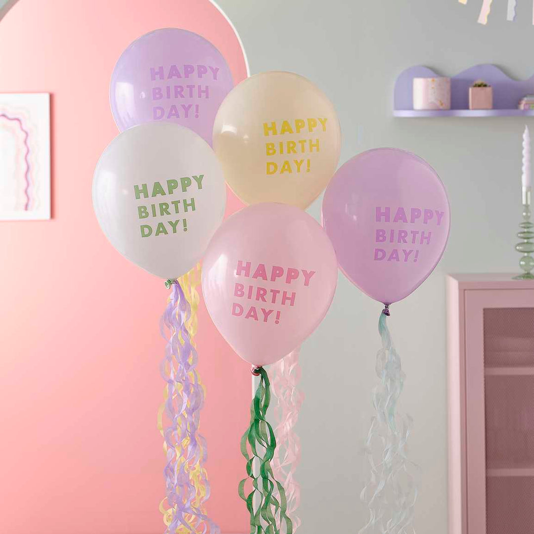 Gingerray Balony urodzinwe Happy Birthday z bibułkowymi ogonami