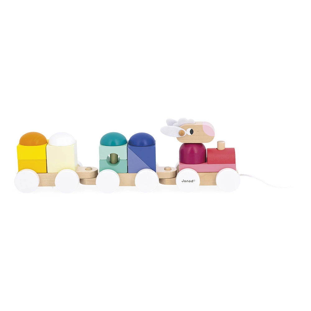 Janod Zabawka do ciągnięcia i układania drewniany pociąg Zigolos