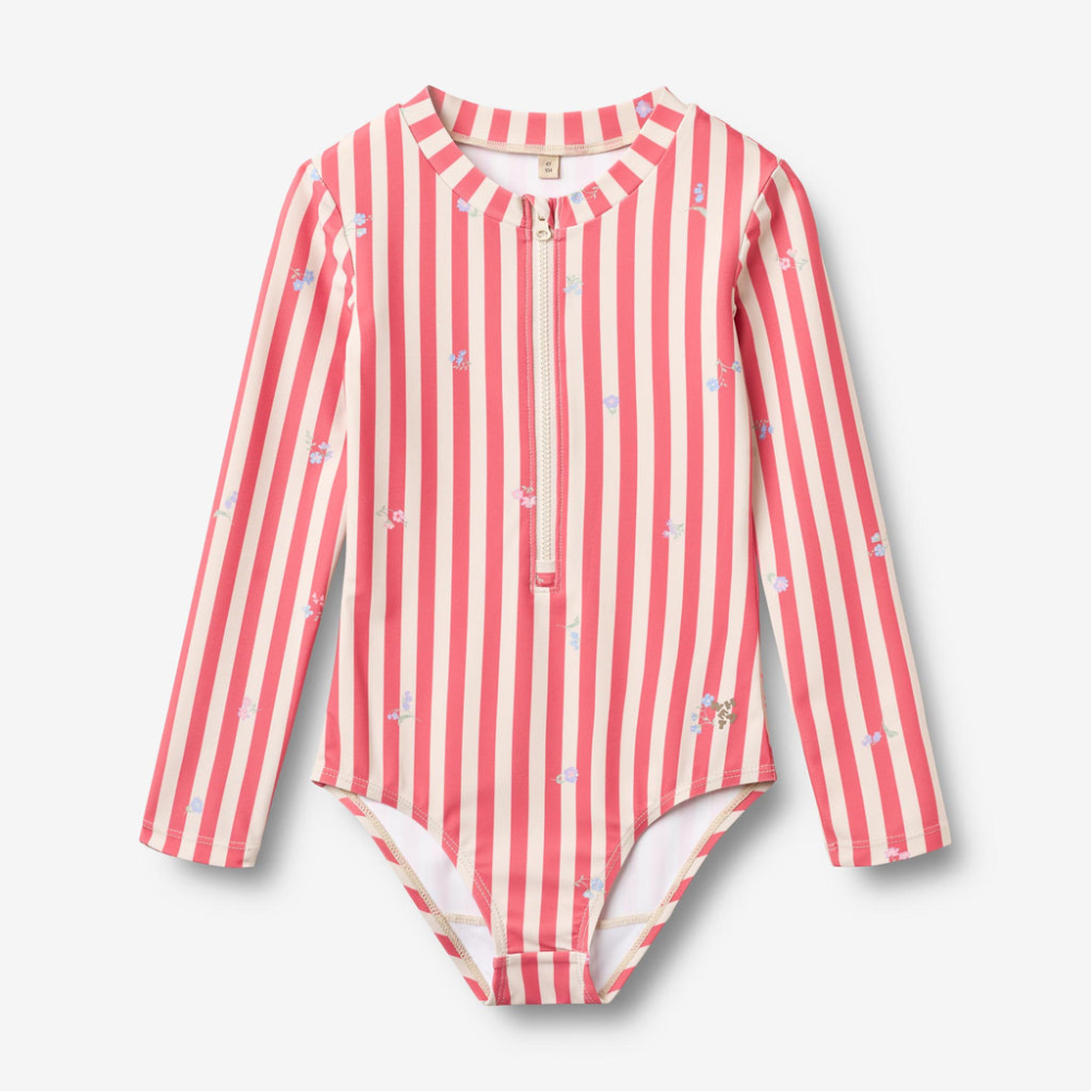 Wheat jednoczęściowy strój kąpielowy dziecięcy L/S Margot red stripe flowers
