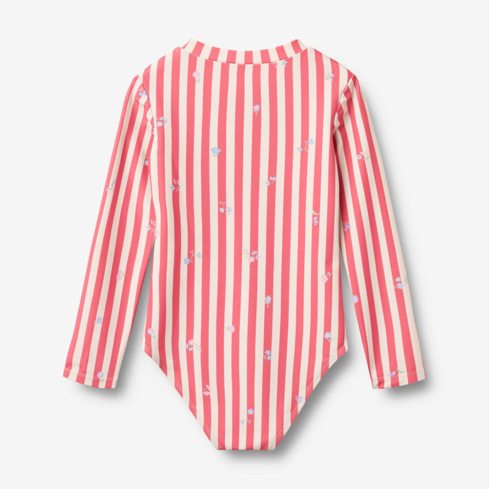 Wheat jednoczęściowy strój kąpielowy dziecięcy L/S Margot red stripe flowers