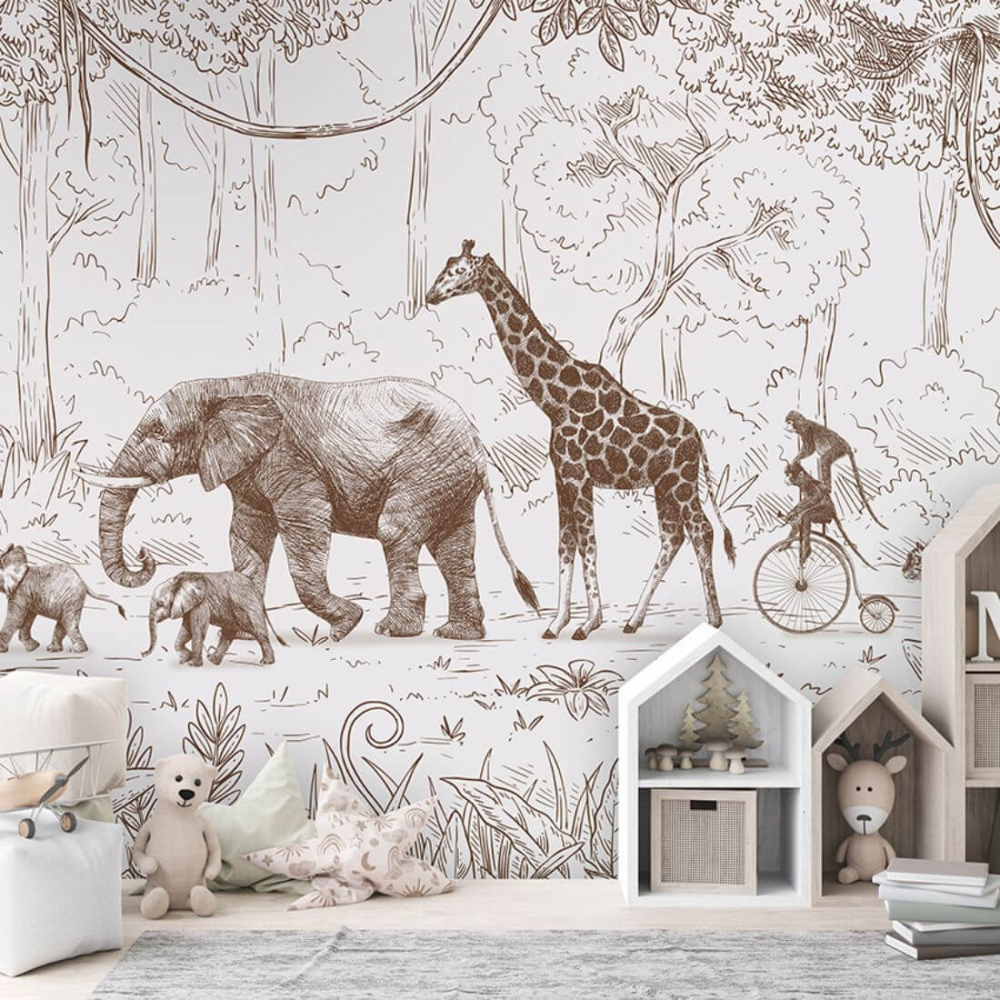PASTELOVELOVE Tapeta na ścianę dla dzieci na wymiar Animal parade brązowa