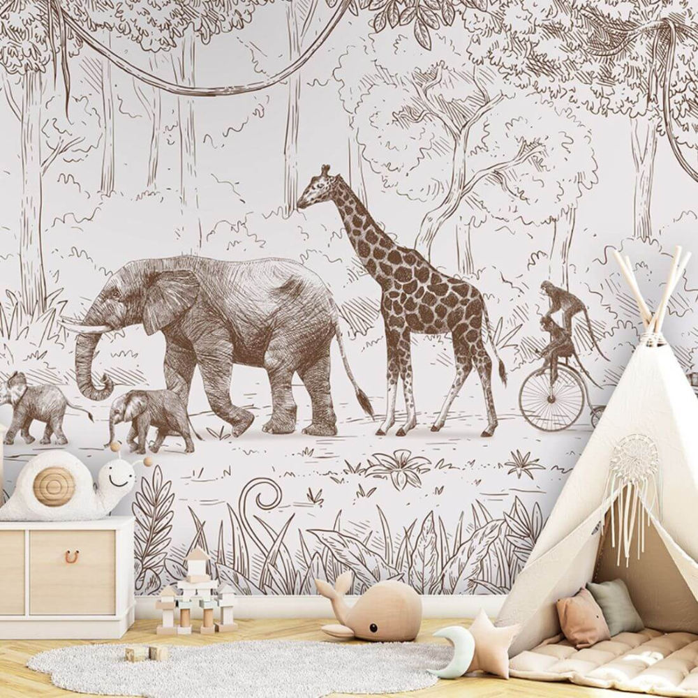 PASTELOVELOVE Tapeta na ścianę dla dzieci na wymiar Animal parade brązowa