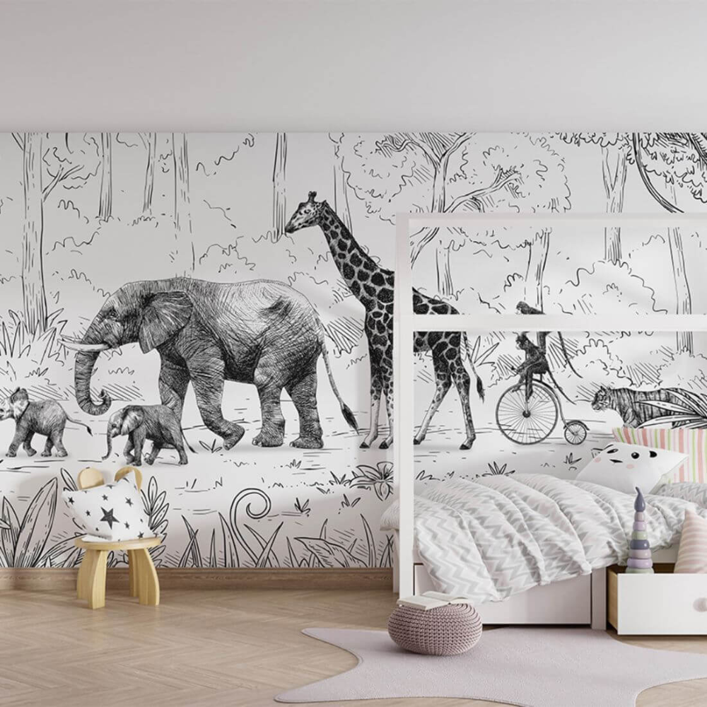 PASTELOVELOVE Tapeta na ścianę dla dzieci na wymiar Animal parade czarno-biała