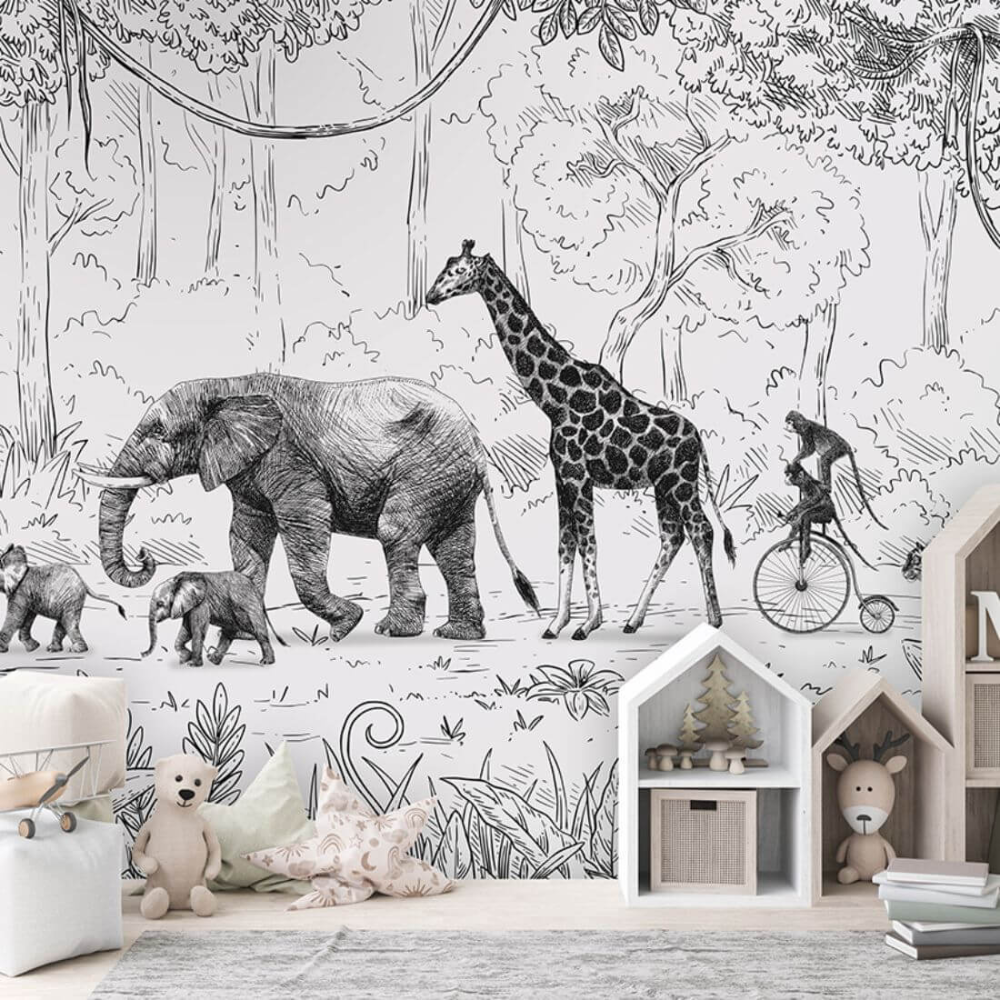 PASTELOVELOVE Tapeta na ścianę dla dzieci na wymiar Animal parade czarno-biała