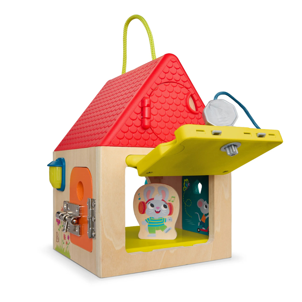 B. Toys Drewniany domek manipulacyjny z zamknięciami