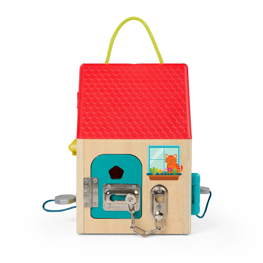 B. Toys Drewniany domek manipulacyjny z zamknięciami