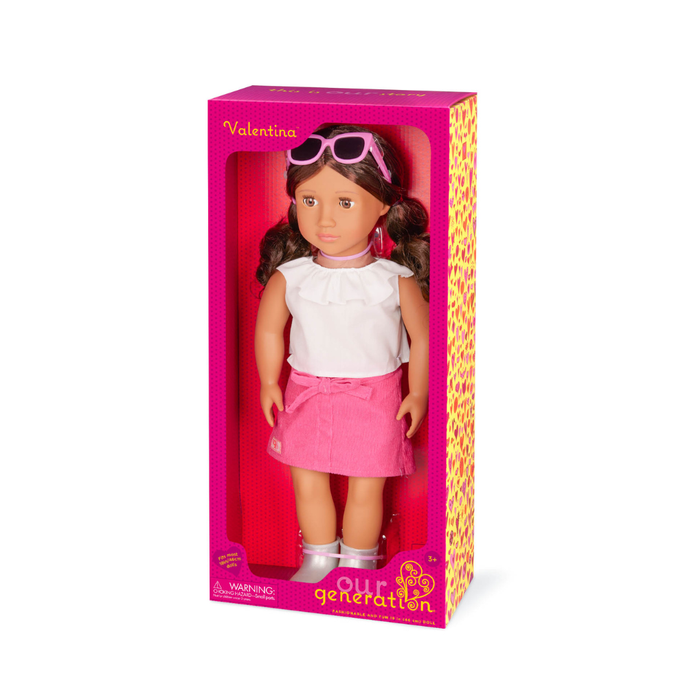 Our Generation Lalka Valentina brunetka w sztruksowej spódniczce i bluzeczce z falbanką 46 cm