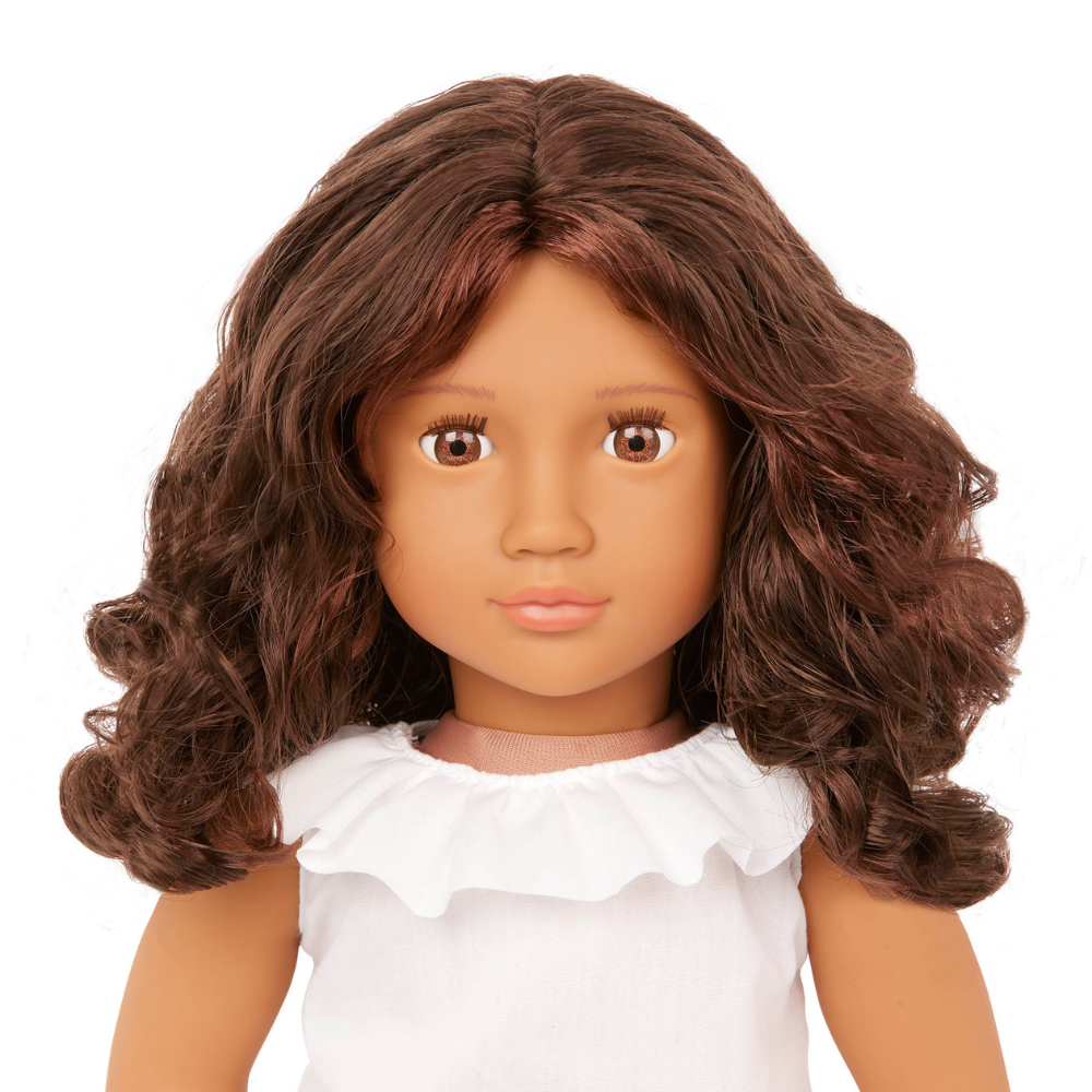 Our Generation Lalka Valentina brunetka w sztruksowej spódniczce i bluzeczce z falbanką 46 cm
