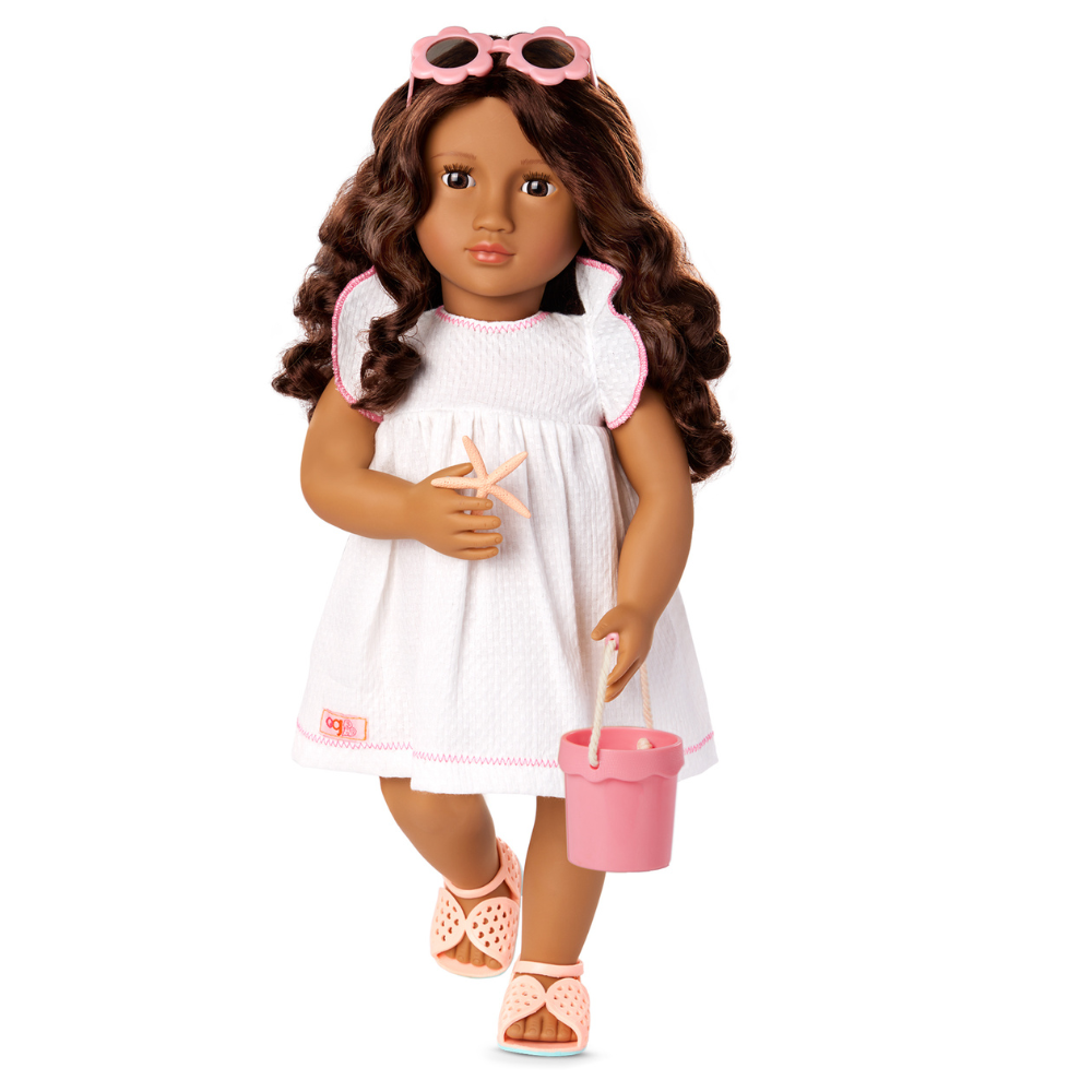 Our Generation lalka Gabriela w letniej sukience, strój kąpielowy i akcesoria na plażę, zginane łokcie i kolana 46 cm