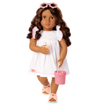 Our Generation lalka Gabriela w letniej sukience, strój kąpielowy i akcesoria na plażę, zginane łokcie i kolana 46 cm