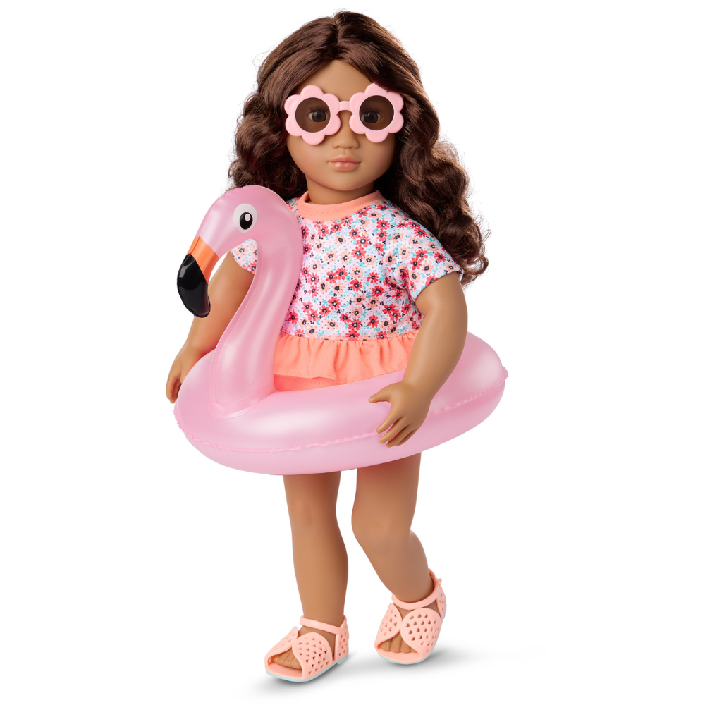 Our Generation lalka Gabriela w letniej sukience, strój kąpielowy i akcesoria na plażę, zginane łokcie i kolana 46 cm
