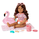 Our Generation lalka Gabriela w letniej sukience, strój kąpielowy i akcesoria na plażę, zginane łokcie i kolana 46 cm