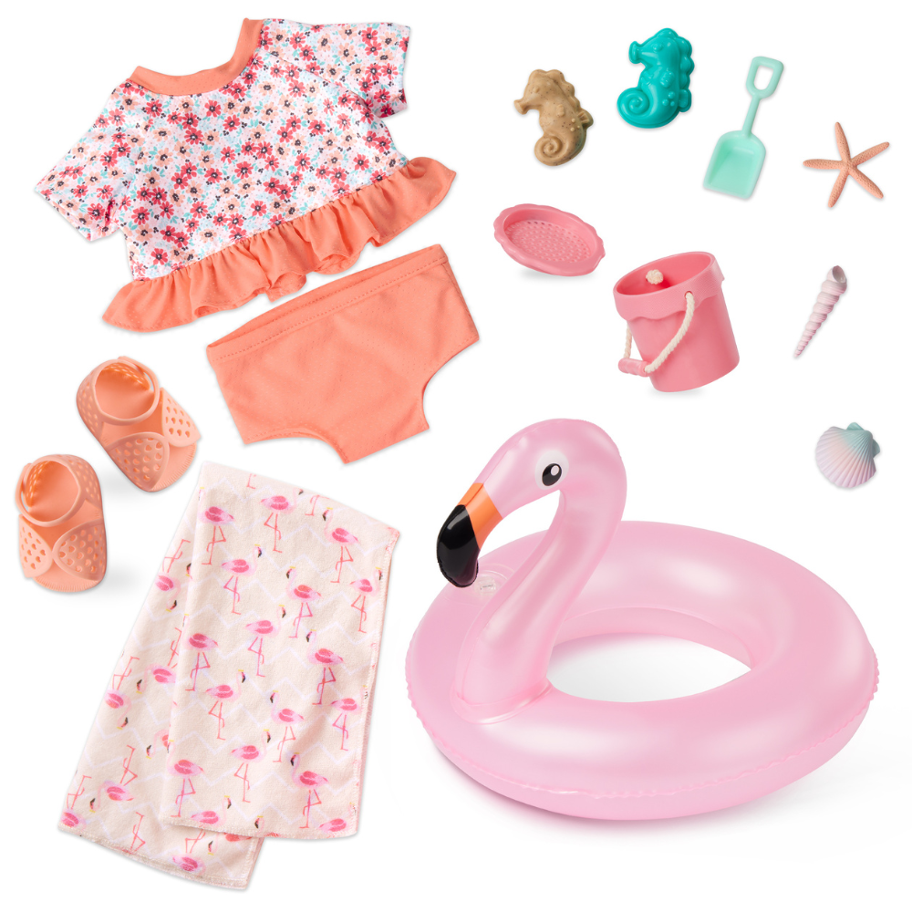 Our Generation lalka Gabriela w letniej sukience, strój kąpielowy i akcesoria na plażę, zginane łokcie i kolana 46 cm