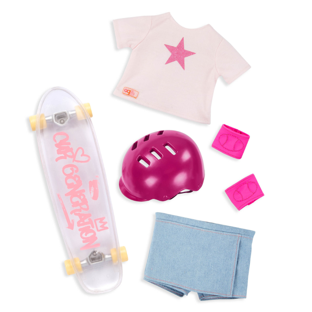 Our Generation Lalka Ollie skaterka z deskorolką, zginane łokcie i kolana 46 cm