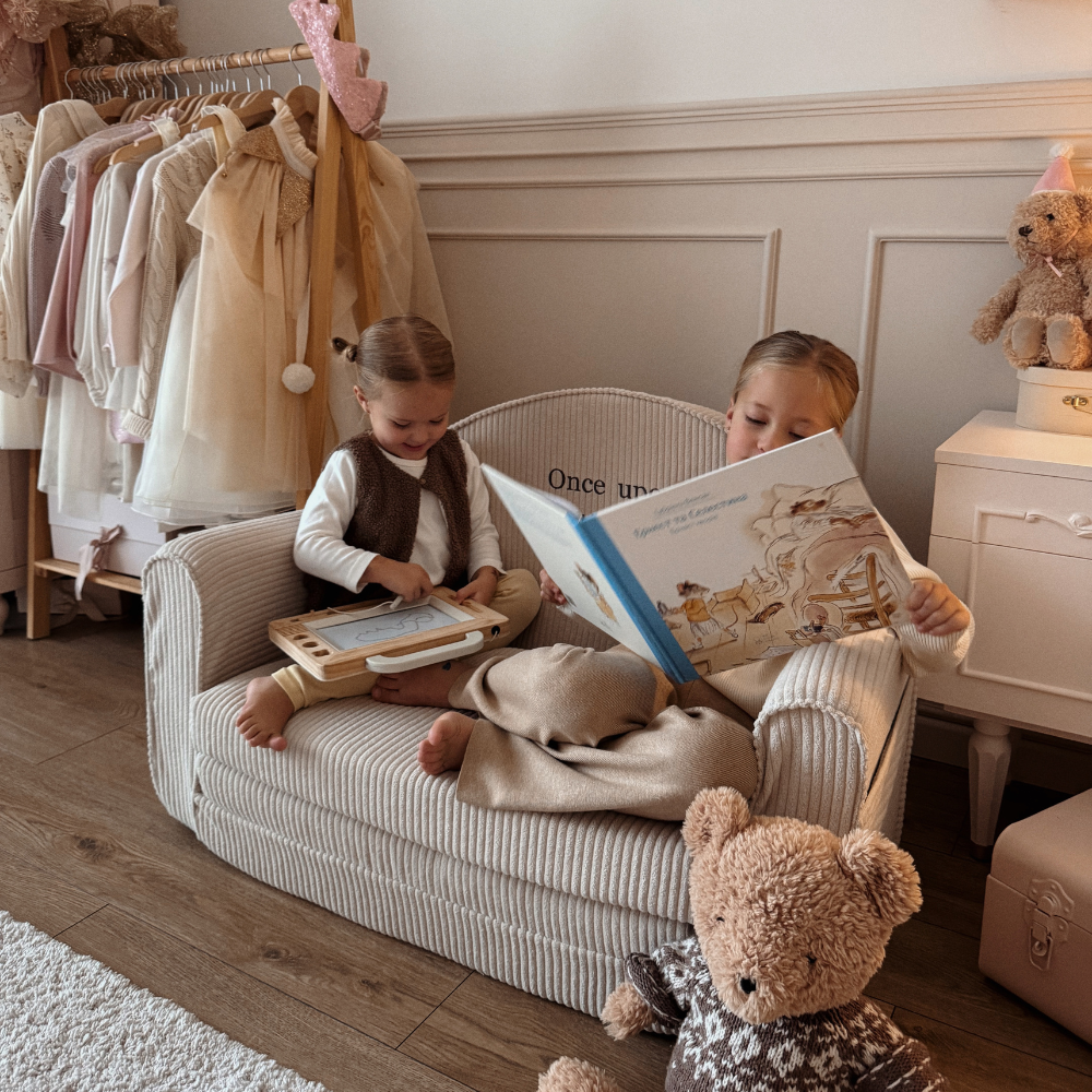 Muzpony Sztruksowa rozkładana mini sofa dziecięca Off White - Personalizacja