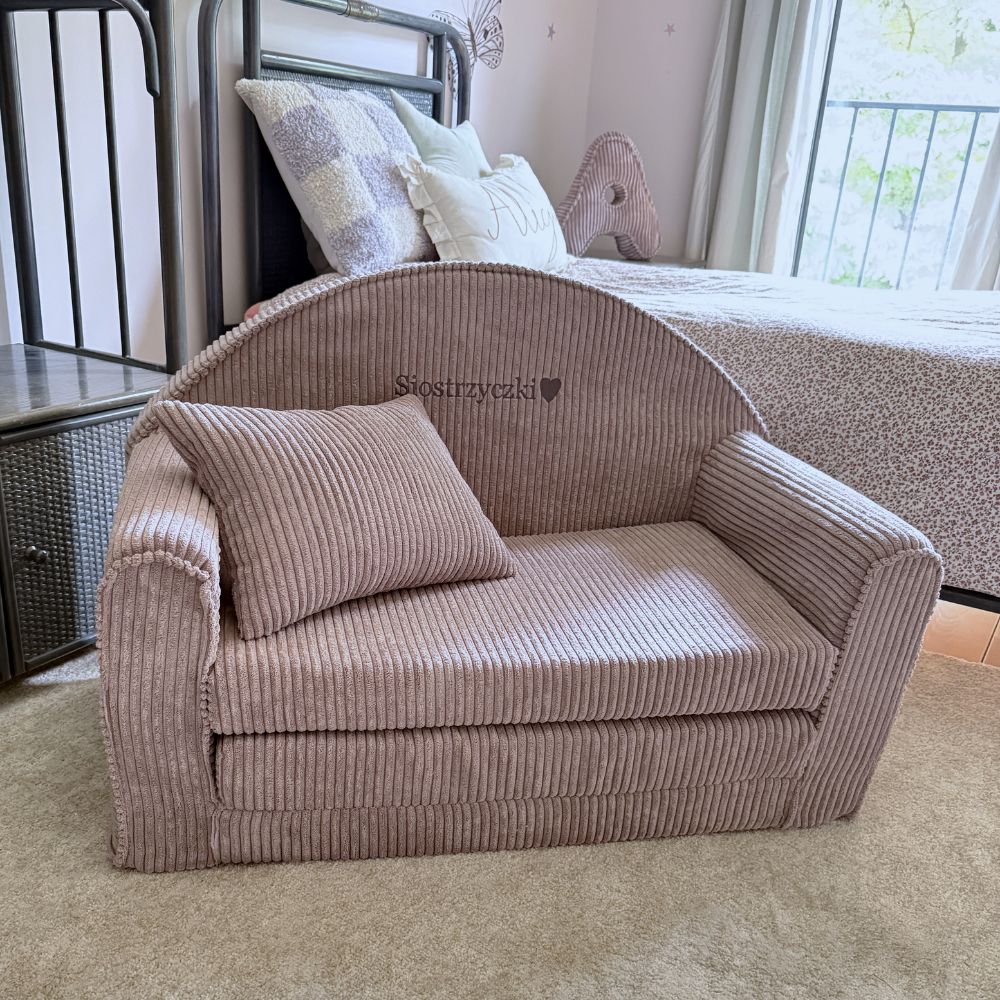 Muzpony Sztruksowa rozkładana mini sofa dziecięca Magenta Grey - Personalizacja