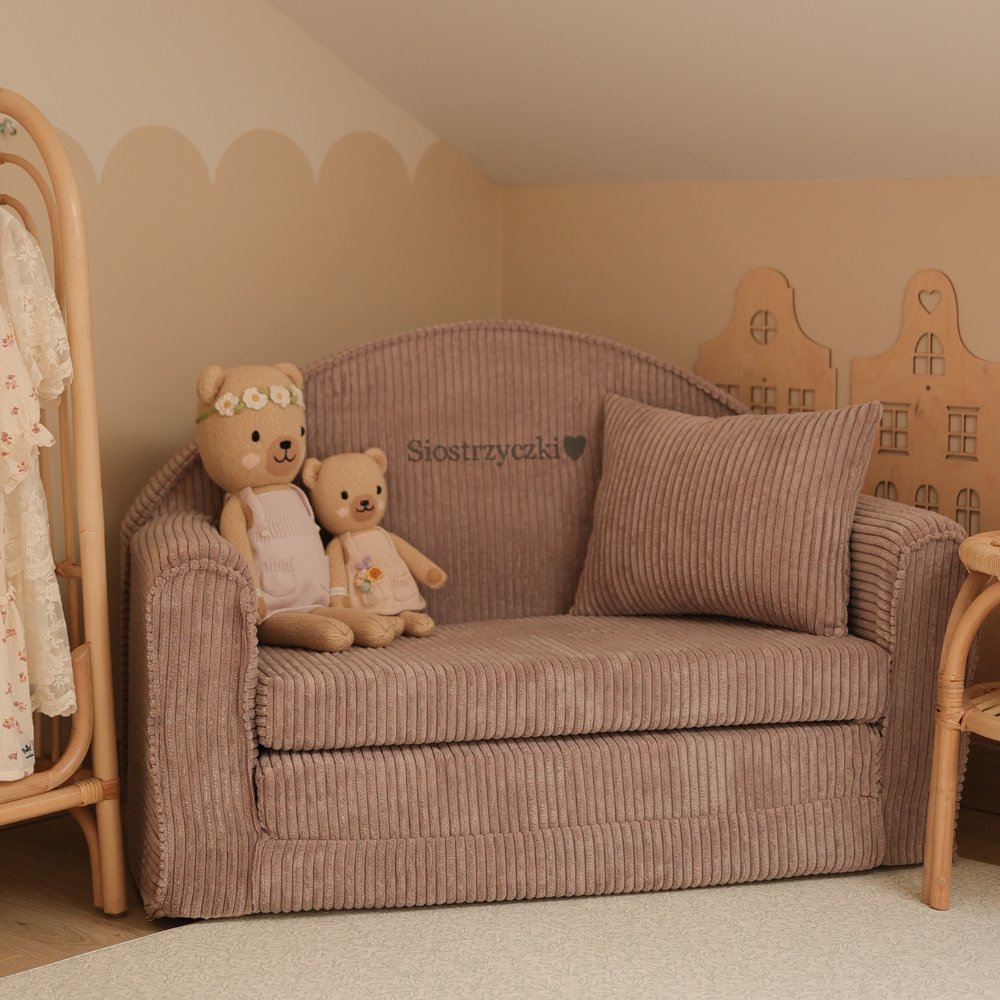 Muzpony Sztruksowa rozkładana mini sofa dziecięca Magenta Grey - Personalizacja