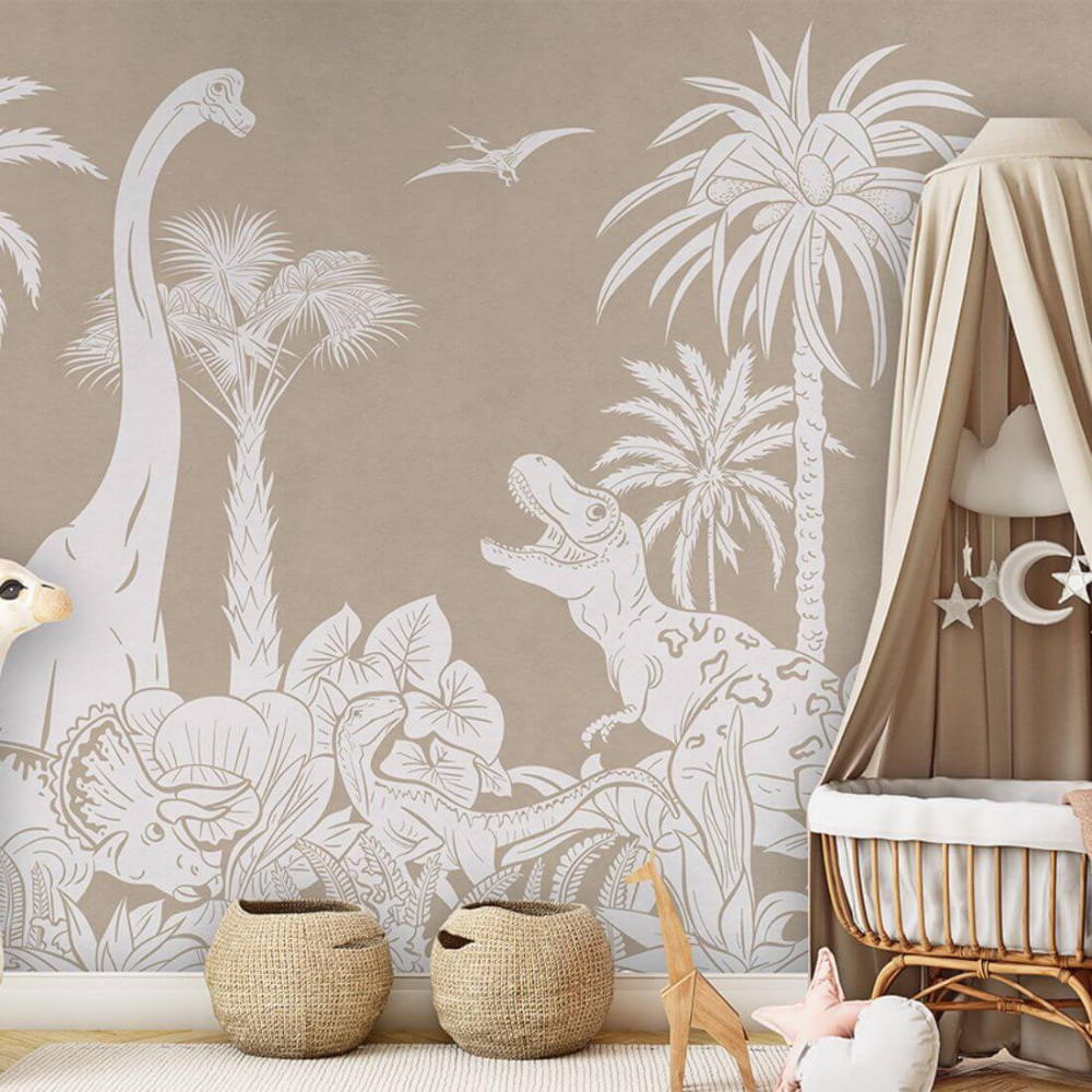 PASTELOVELOVE Tapeta na ścianę dla dzieci na wymiar Monochrome dinozaury brązowa