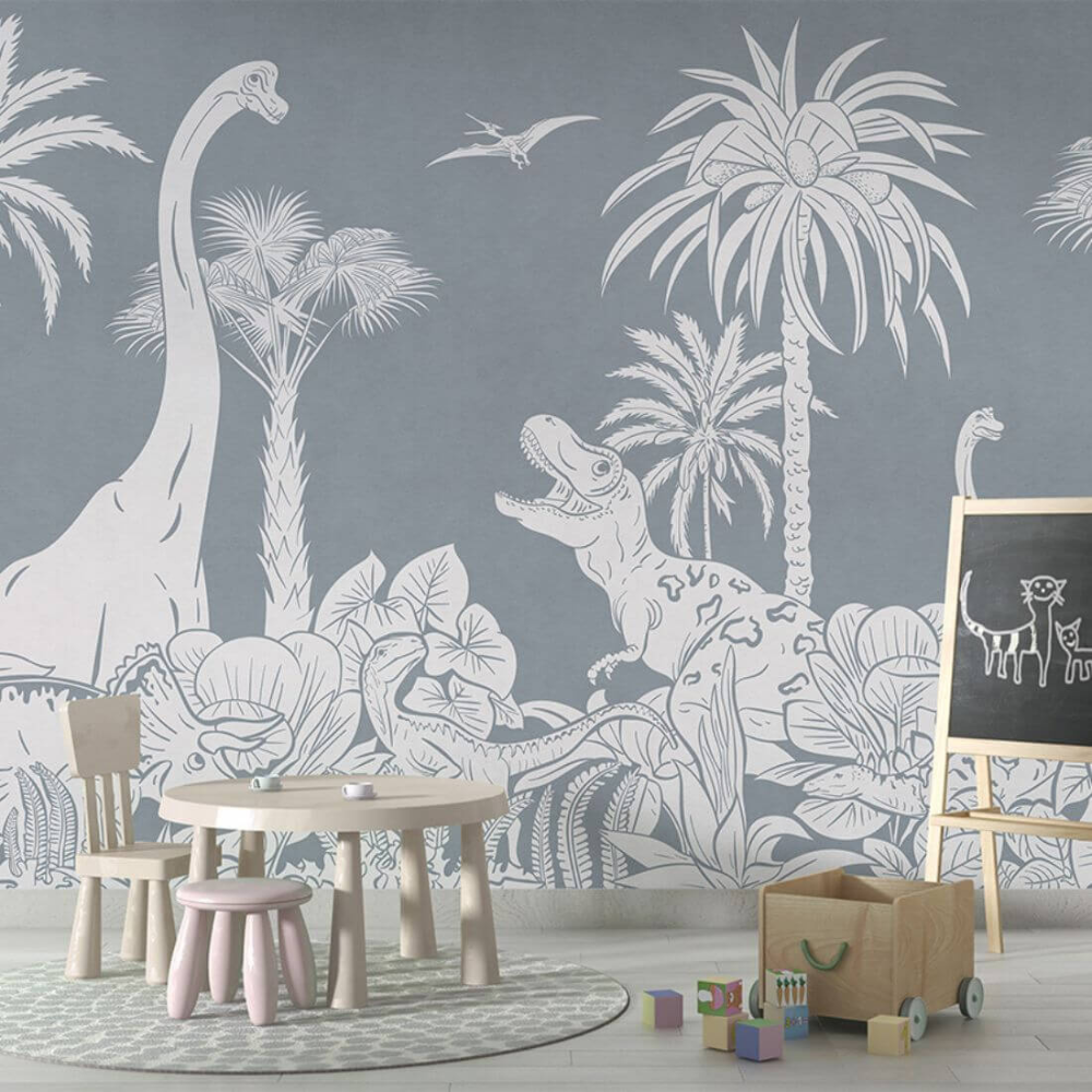 PASTELOVELOVE Tapeta na ścianę dla dzieci na wymiar Monochrome dinozaury niebieska