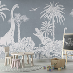PASTELOVELOVE Tapeta na ścianę dla dzieci na wymiar Monochrome dinozaury niebieska