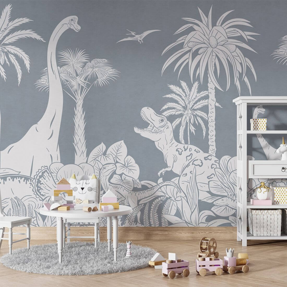 PASTELOVELOVE Tapeta na ścianę dla dzieci na wymiar Monochrome dinozaury niebieska