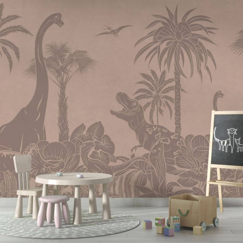 PASTELOVELOVE Tapeta na ścianę dla dzieci na wymiar Monochrome dinozaury brudny róż