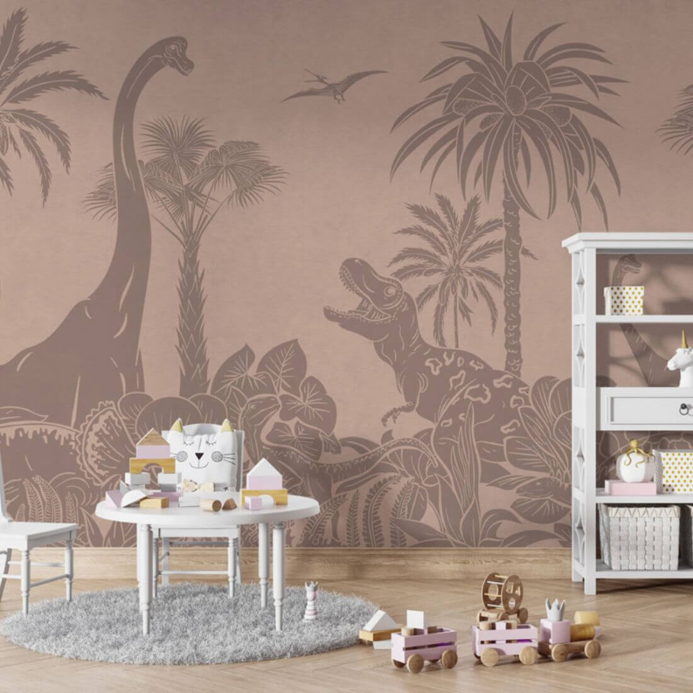 PASTELOVELOVE Tapeta na ścianę dla dzieci na wymiar Monochrome dinozaury brudny róż