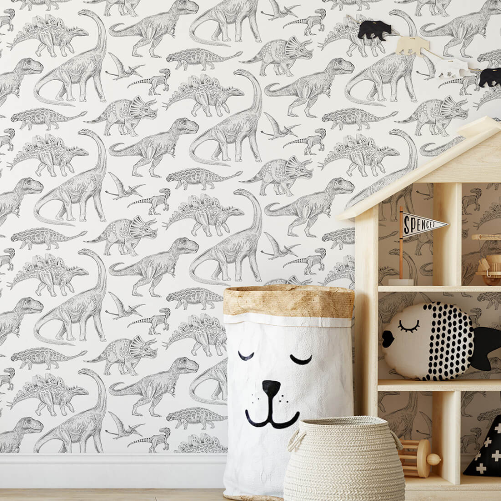 PASTELOVELOVE Tapeta na ścianę dla dzieci, w pasach Dinozaury - biała