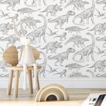 PASTELOVELOVE Tapeta na ścianę dla dzieci, w pasach Dinozaury - biała
