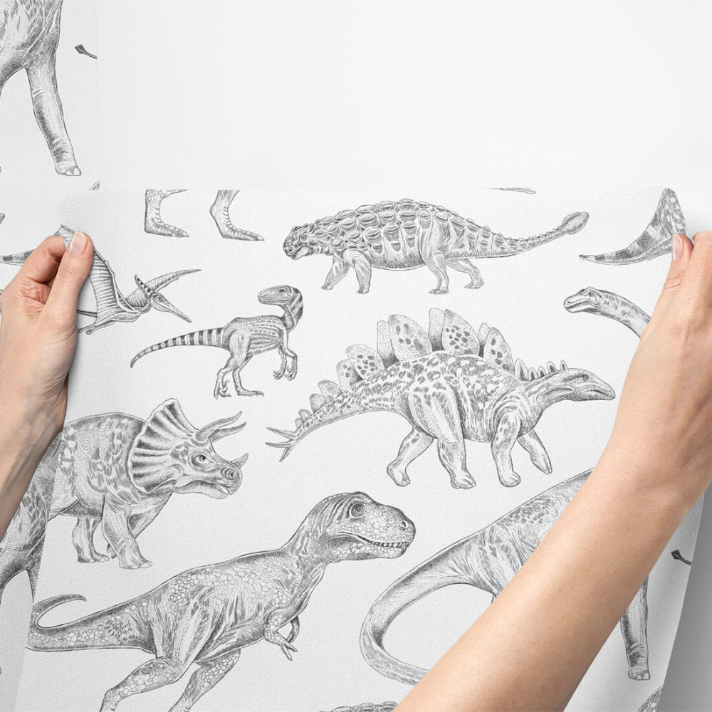 PASTELOVELOVE Tapeta na ścianę dla dzieci, w pasach Dinozaury - biała