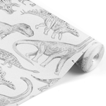 PASTELOVELOVE Tapeta na ścianę dla dzieci, w pasach Dinozaury - biała