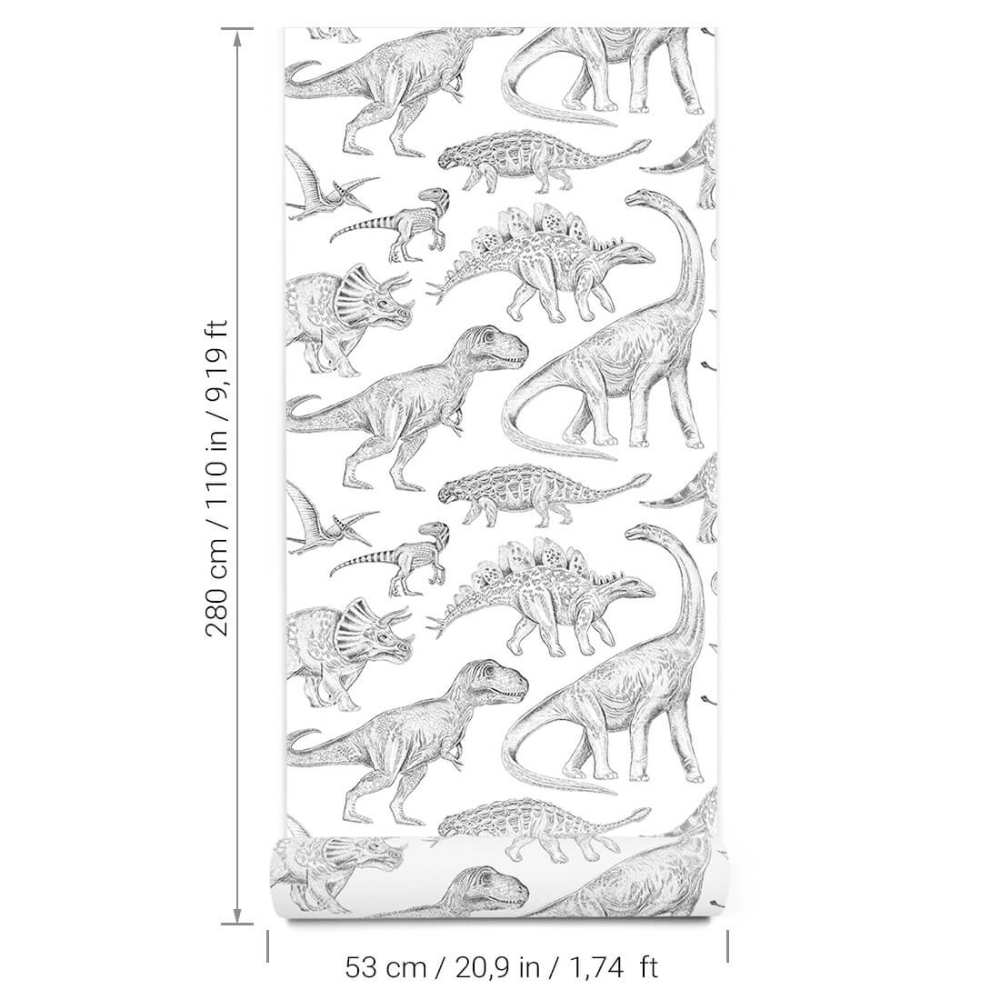 PASTELOVELOVE Tapeta na ścianę dla dzieci, w pasach Dinozaury - biała