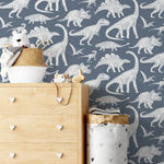 PASTELOVELOVE Tapeta na ścianę dla dzieci, w pasach Dinozaury - niebieska