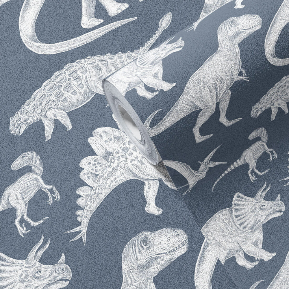 PASTELOVELOVE Tapeta na ścianę dla dzieci, w pasach Dinozaury - niebieska