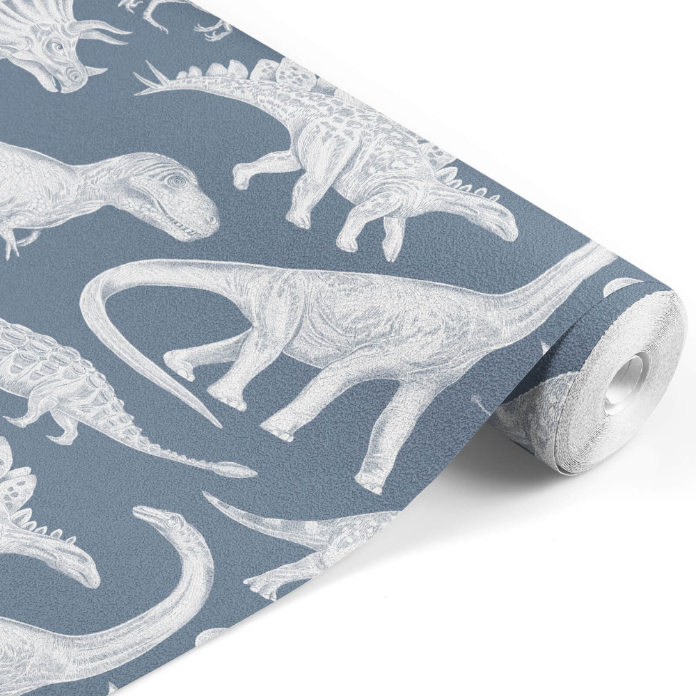 PASTELOVELOVE Tapeta na ścianę dla dzieci, w pasach Dinozaury - niebieska