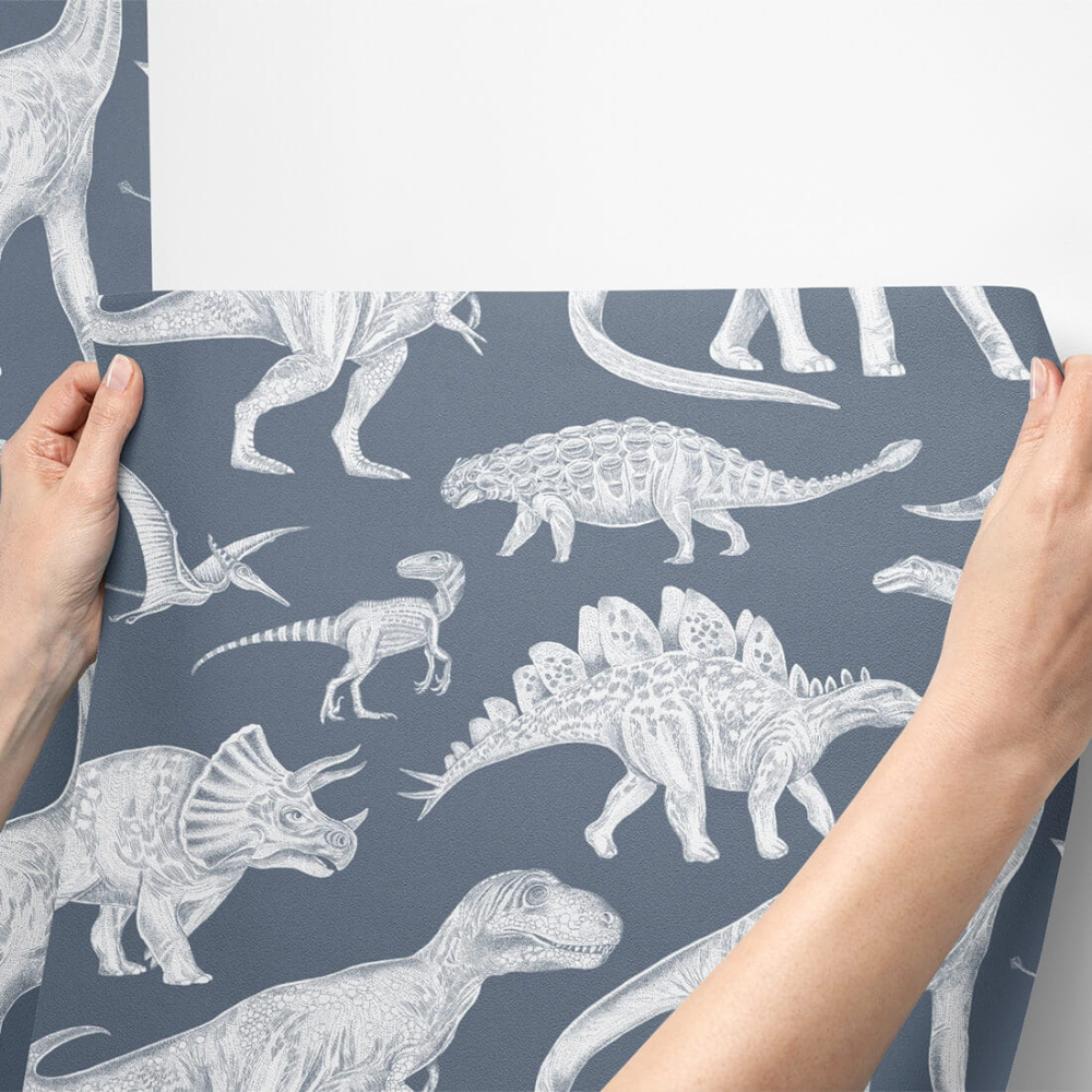 PASTELOVELOVE Tapeta na ścianę dla dzieci, w pasach Dinozaury - niebieska