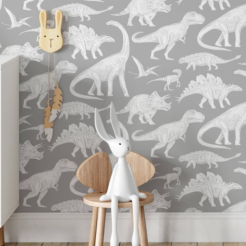 PASTELOVELOVE Tapeta na ścianę dla dzieci, w pasach Dinozaury - szara