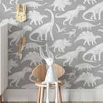 PASTELOVELOVE Tapeta na ścianę dla dzieci, w pasach Dinozaury - szara