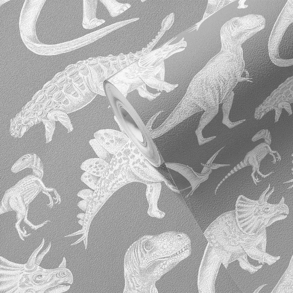 PASTELOVELOVE Tapeta na ścianę dla dzieci, w pasach Dinozaury - szara