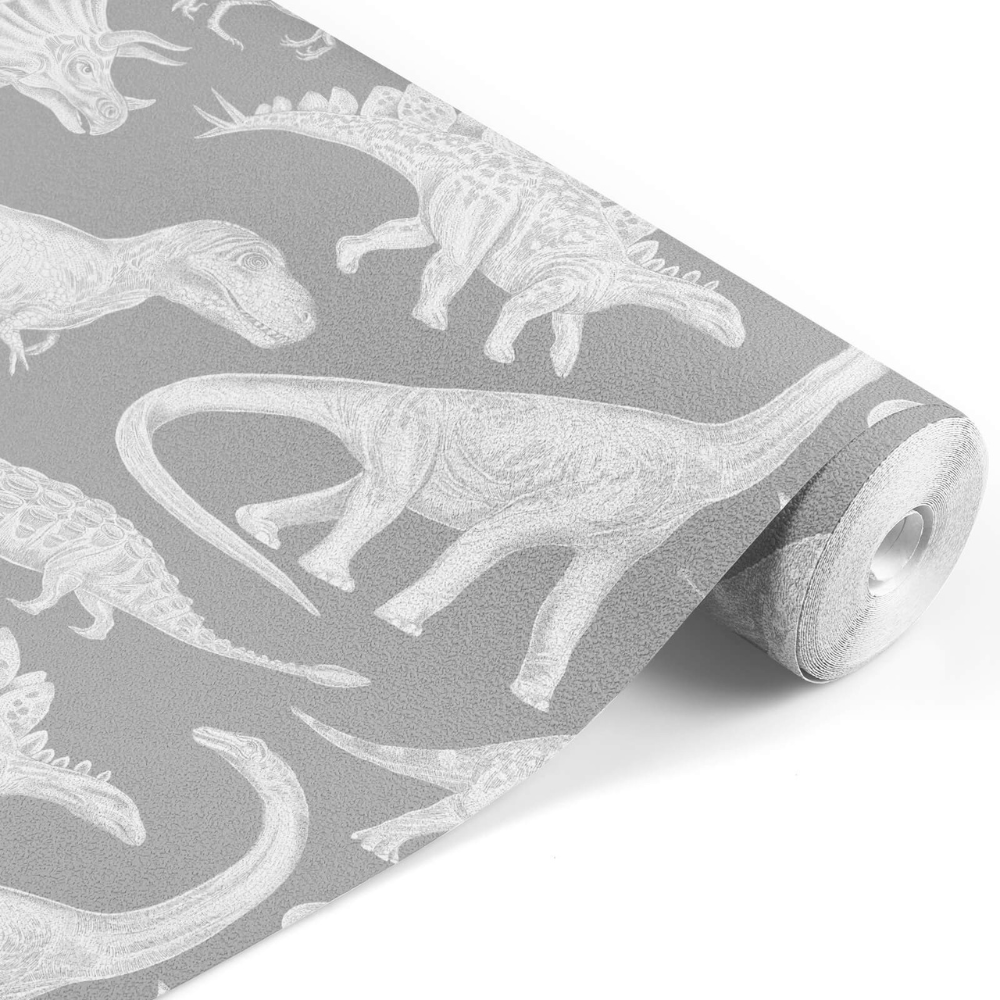 PASTELOVELOVE Tapeta na ścianę dla dzieci, w pasach Dinozaury - szara