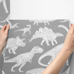 PASTELOVELOVE Tapeta na ścianę dla dzieci, w pasach Dinozaury - szara