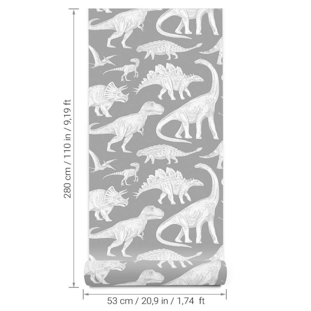 PASTELOVELOVE Tapeta na ścianę dla dzieci, w pasach Dinozaury - szara