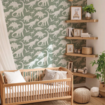 PASTELOVELOVE Tapeta na ścianę dla dzieci, w pasach Dinozaury - matcha