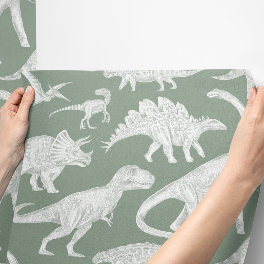 PASTELOVELOVE Tapeta na ścianę dla dzieci, w pasach Dinozaury - matcha
