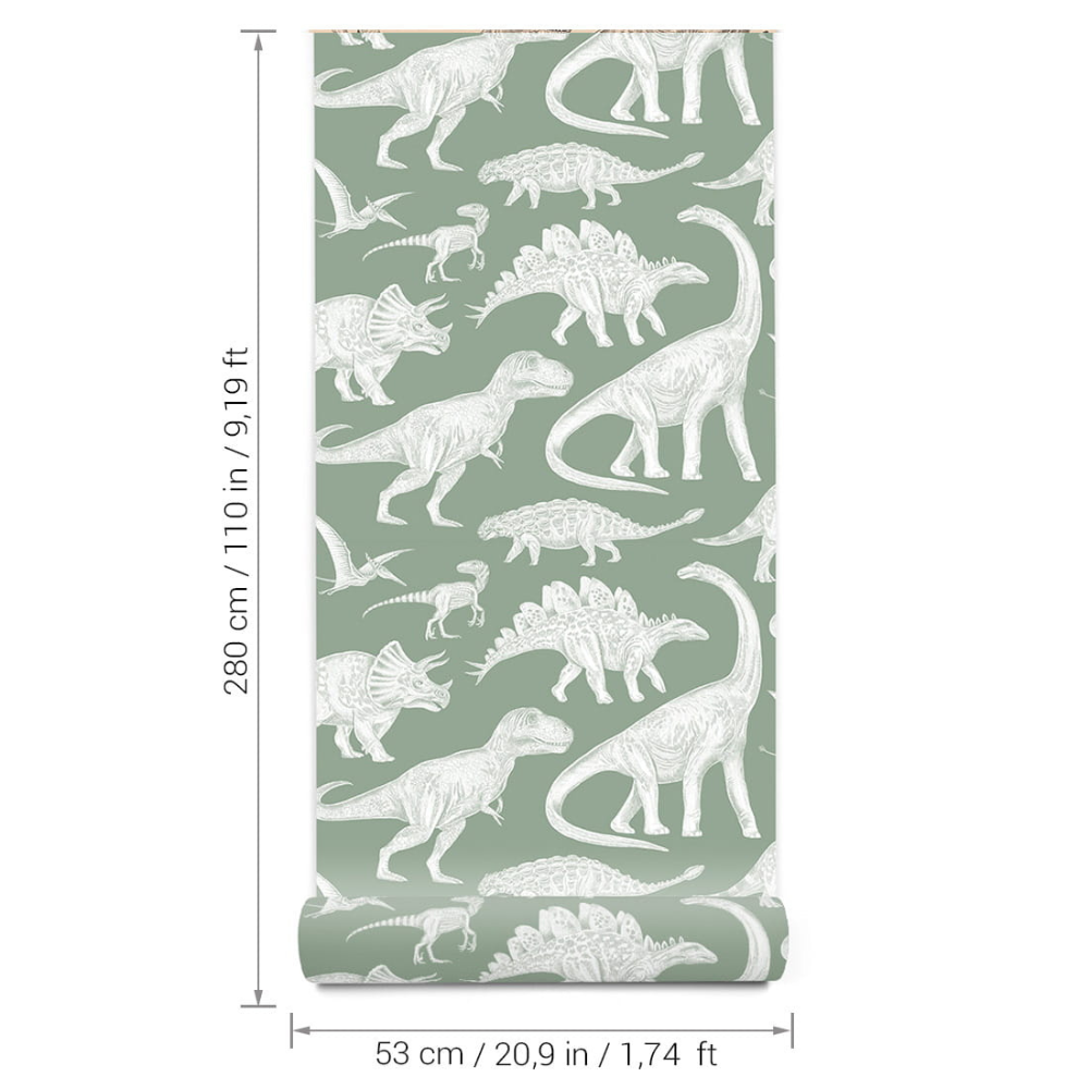 PASTELOVELOVE Tapeta na ścianę dla dzieci, w pasach Dinozaury - matcha