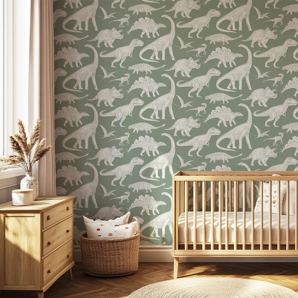 PASTELOVELOVE Tapeta na ścianę dla dzieci, w pasach Dinozaury - matcha