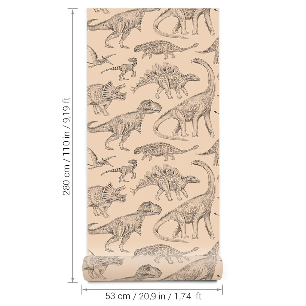 PASTELOVELOVE Tapeta na ścianę dla dzieci, w pasach Dinozaury - beżowa