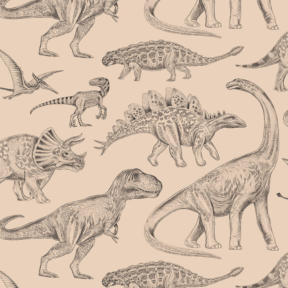 PASTELOVELOVE Tapeta na ścianę dla dzieci, w pasach Dinozaury - beżowa