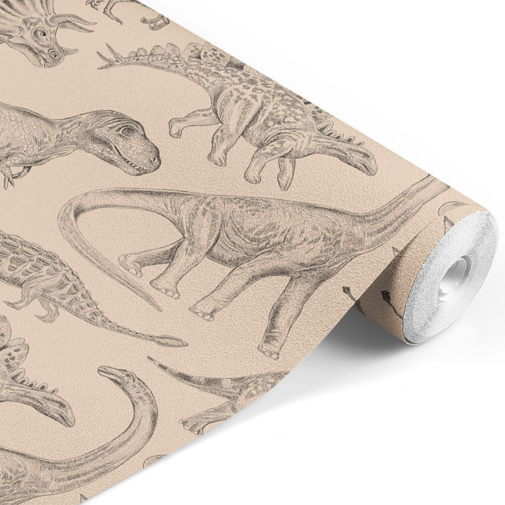 PASTELOVELOVE Tapeta na ścianę dla dzieci, w pasach Dinozaury - beżowa