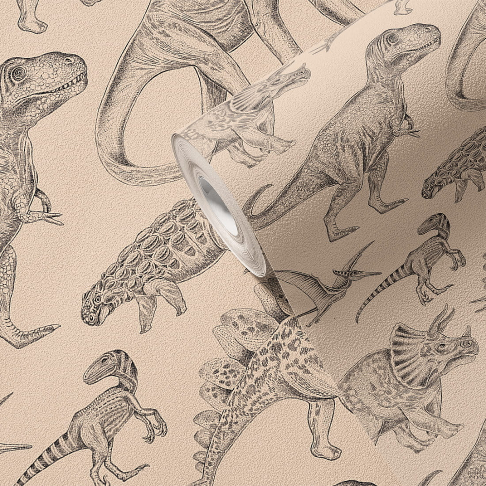 PASTELOVELOVE Tapeta na ścianę dla dzieci, w pasach Dinozaury - beżowa